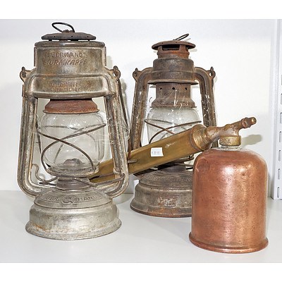 Two Vintage Storm Lanterns and Rega Copper and Brass Sprayer