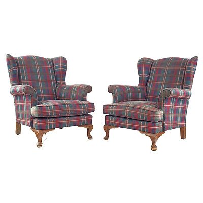 Pair of Vintage Tartan Fabric Upholstered Wingback Armchairs