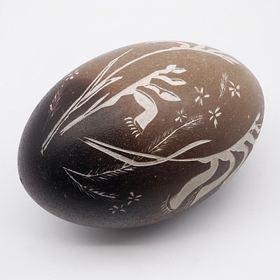 Vintage Emu Egg Carved with Aboriginal Cooking Motif