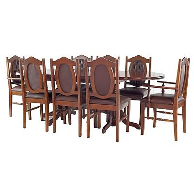 Vintage Antique Style Mahogany Finish Double Pedestal Extension Dining Suite with Eight Buttoned Leather Upholstered Chairs