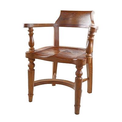 Walnut 'Captains' Type Armchair with Horseshoe Stretcher and Carved Saddle Seat