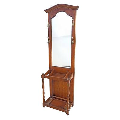 Antique Style Mirror Back Oak Hallstand with Brass Hooks, Later 20th Century
