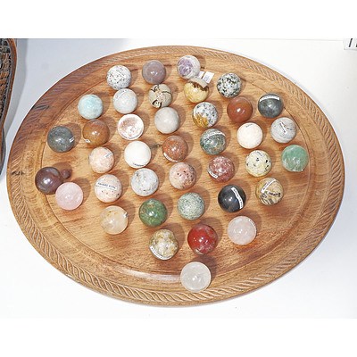 Carved Hardwood Solitaire Board With Various Stone Balls, Including Jasper, Spinel, Quartz Rouge and More 