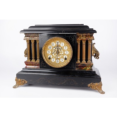 Antique American Session Timber Cased Mantle Clock with Richly Adorned Face