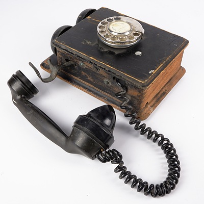 Vintage Timber Cased Wall Phone with Black Bakelite Handset