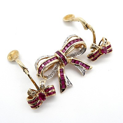 9ct Yellow Gold Ruby and Diamond Bow Brooch and 8ct Yellow Gold Ruby and Diamond Bow Earrings, 8g