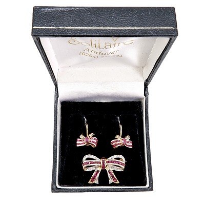 9ct Yellow Gold Ruby and Diamond Bow Brooch and 8ct Yellow Gold Ruby and Diamond Bow Earrings, 8g