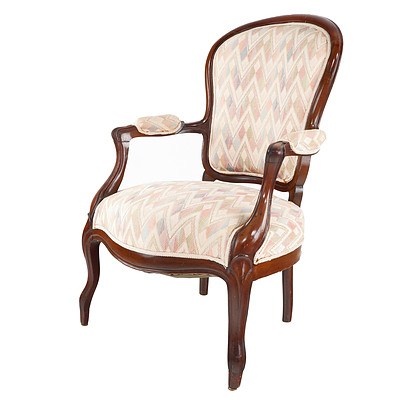 Antique Louis XV Style Walnut Armchair with Later Upholstery, Late 19th Century