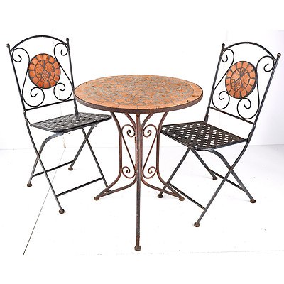 Wrought Iron and Terracotta Tile Mosaic Inlaid Patio Table and Two Folding Chairs