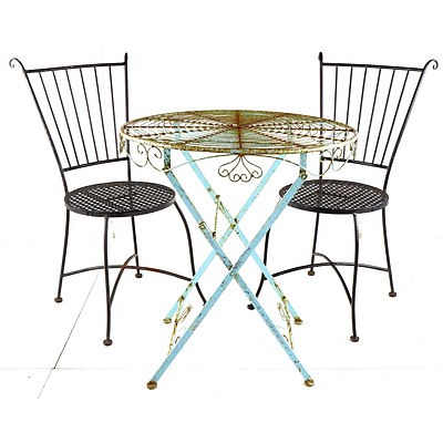 Wrought Iron and Wirework Patio Table and Two Chairs