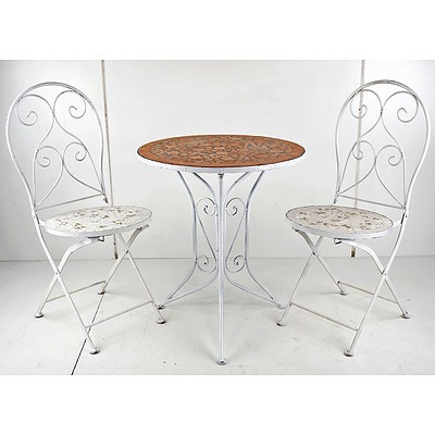 Wrought Iron and Tile Mosaic Inlaid Patio Table and Two Folding Chairs