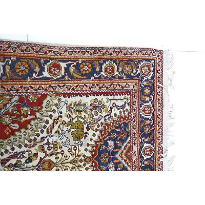 Persian Kashan Hand Knotted Wool Pile Rug with Animals and Foliate Designs on a Cream Ground
