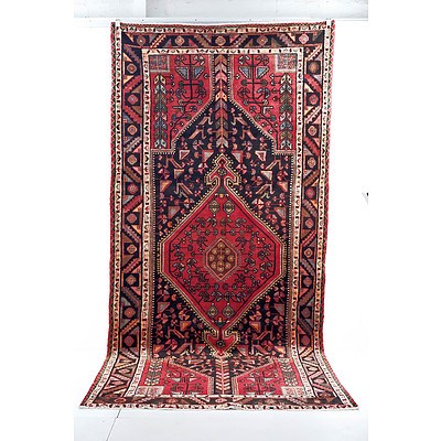 Persian Nahavad Hand Knotted Wool Pile Rug with Diamond Central Medallion and Geometric Designs on a Red Ground