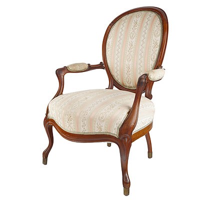 Antique Louis XV Style Walnut Armchair with Satin Brocade Upholstery, Late 19th Century