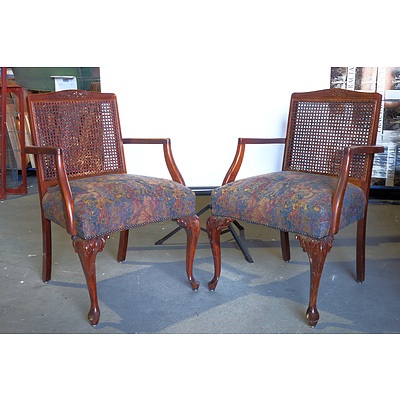 Pair of Carved Jarvi Style Armchairs with Caned Backs
