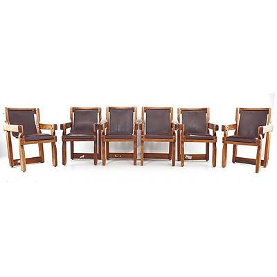 Set of Six Retro Post and Rail Style Pine and Leather Upholstered Dining Chairs, Marked P&R, Circa 1970s