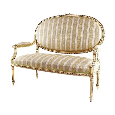 French Louis XVI Style Carved and Ivory Painted Wood Canape with Appropriate Upholstery