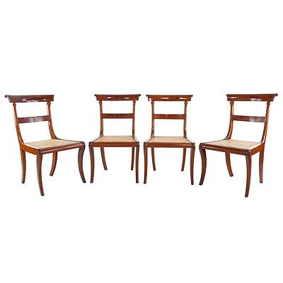 Set of Four Regency Style Inlaid Rosewood Sabre Leg Dining Chairs with Caned Seats