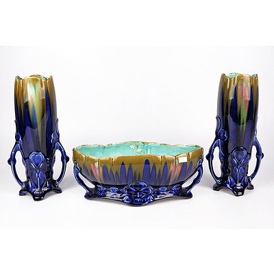 French Art Nouveau Glazed Ceramic Flower Bowl and Vase Garniture Set, Early 20th Century (3)