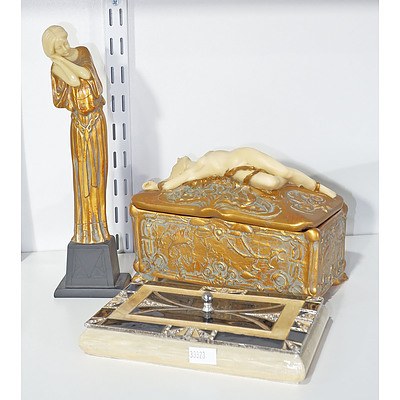 Art Deco Style Resin Box and Figure of a Women, and Enamel Metal Jewellery Box