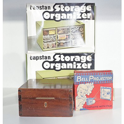 Two Boxed Capstan Storage Organizers, Boxed Bell Projector and an Antique Money Box