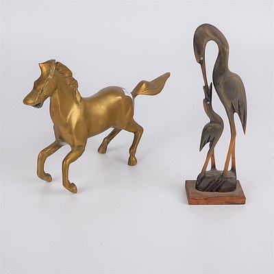 Vintage Brass Horse Figurine and Carved Horn Stork