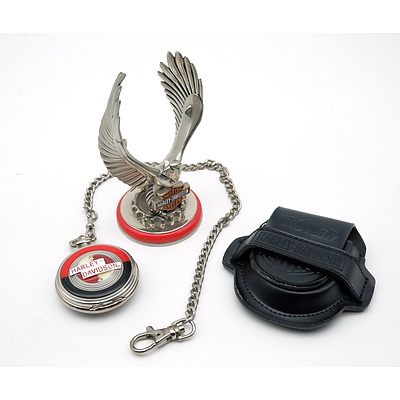 Harley Davidson Franklin Mint Sportster Pocket Watch With Pouch and Harley Davidson Watch Stand