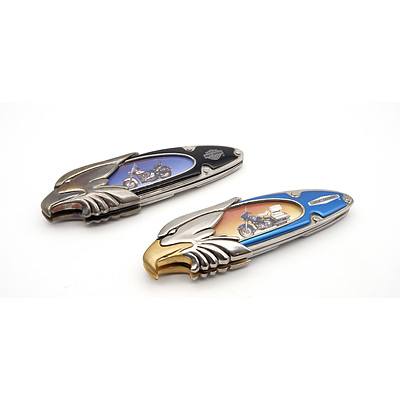 Two Franklin Mint Harley Davidson Collector Knives Electra Glide and Heritage Softail