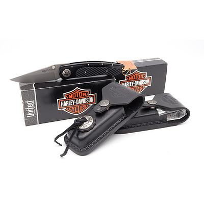 Two United Cutlery Brands Harley Davidson HD37 Classic Legend Knives with Leather Pouches