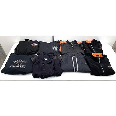 Group of Eight Harley Davidson Branded Jumpers. Vests and Coats