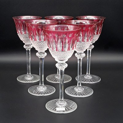 Six Antique St Louis Cut Crystal and Ruby Flashed Wine Glasses