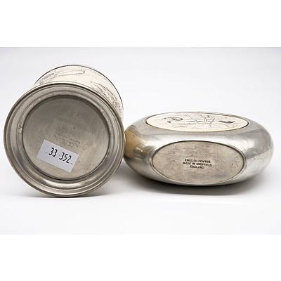English Pewter Hip Flask and Beaker with Incised Duck Motifs