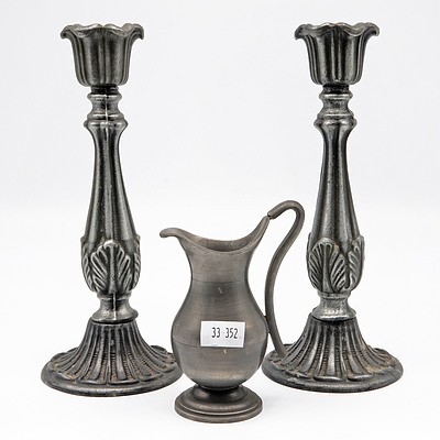 Pair of Pewter Candlesticks and a Jug