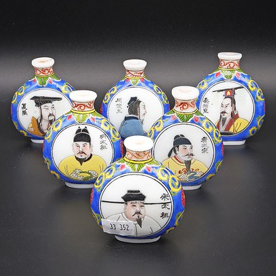 Six Enamelled Chinese Glass Snuff Bottles, Lacking Stoppers, Later 20th Century