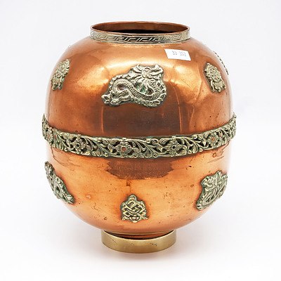 Tibetan Copper Lantern Shape Vase with Applied Cast Metal Buddhist Emblems