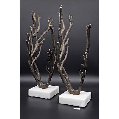 Pair of Bronze Patinated Cast Brass Tree Form Table Decorations on Polished Marble Bases