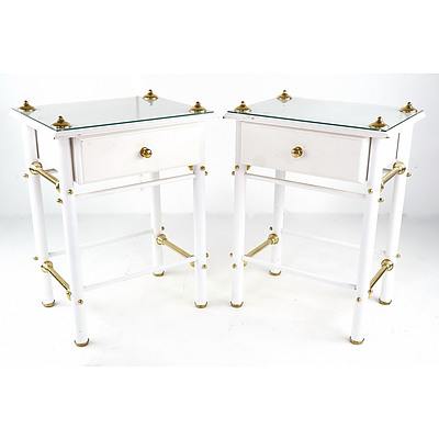 Pair Side Tables with Metal and Brass Frames and Glass Tops