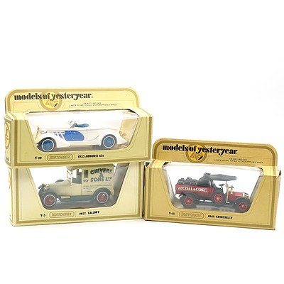 Three Boxed Matchbox Models of Yesteryear, Including 1935 Auburn 851 and Coal and Coke 1913 Crossley 