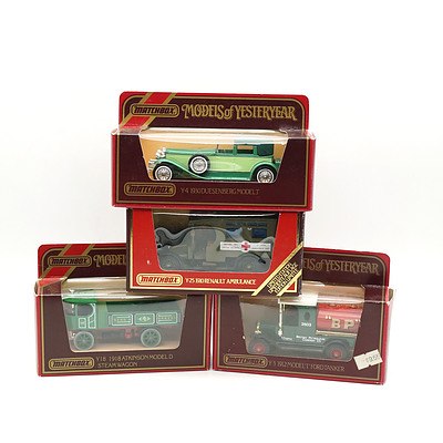 Four Boxed Matchbox Models of Yesteryear, Including BP 1912 Model T Ford Tanker and 1930 Duesenberg Model J