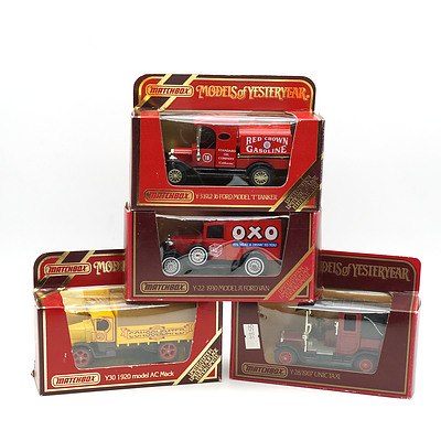 Four Boxed Matchbox Models of Yesteryear, Including Red Crown Gasoline 1912-16 Ford Model T Tanker and 1907 Unic Taxi