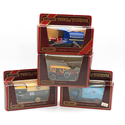 Four Boxed Matchbox Models of Yesteryear, Including Mobiloil 1912 Model T Ford Tanker and Acorn Storage 1920 Model AC Mack 
