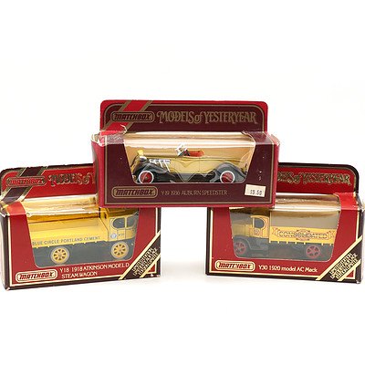 Three Boxed Matchbox Models of Yesteryear, Including 1936 Auburn Speedster and Blue Circle Portland Cement 1918 Atkinson Model D Steam Wagon