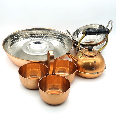 Collection of Copper Lined and Coloured Cooking Ware, Including English Teapot