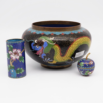 Chinese Cloisonne Enamel Dragon Bowl, Peony Vase and Small Box