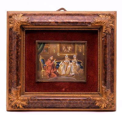 Hand Painted Italian Portrait Miniature of Two Ladies Consulting a Bishop
