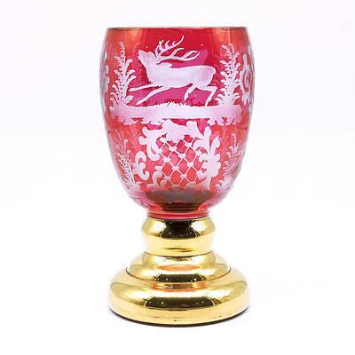 European Gold and Ruby Flashed Beaker with Cut Decoration of a Reindeer
