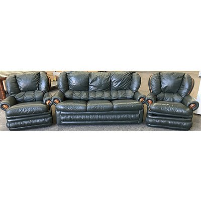 Green Leather Three Piece Lounge Suite