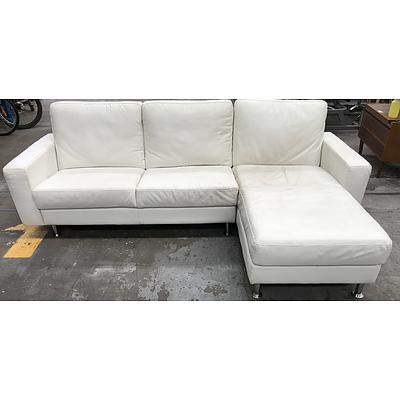 Three Seat White Leather Corner Lounge Setting