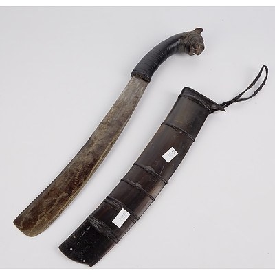 Oriental Knife with Carved Horn Handle and Sheath