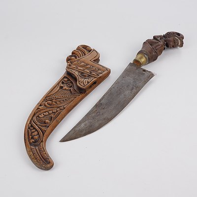 South East Asian Hand Forged Dagger in Decorative Carved Sheath